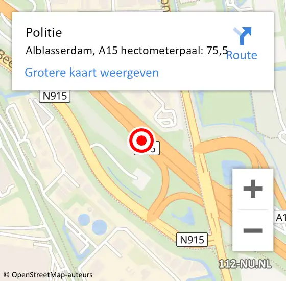 Locatie op kaart van de 112 melding: Politie Alblasserdam, A15 hectometerpaal: 75,5 op 7 juni 2022 09:45