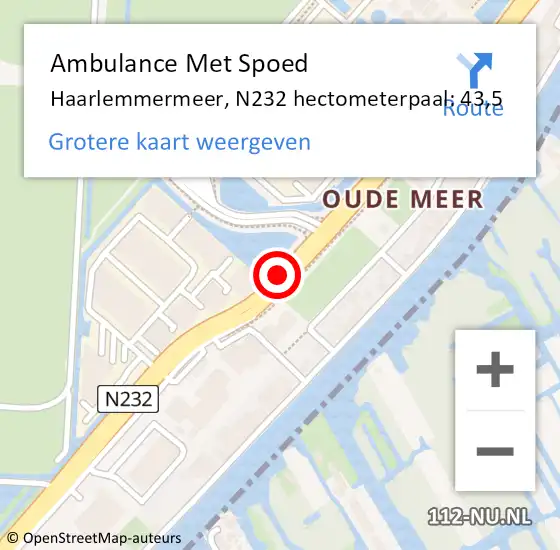 Locatie op kaart van de 112 melding: Ambulance Met Spoed Naar Haarlemmermeer, N232 hectometerpaal: 43,5 op 7 juni 2022 09:48