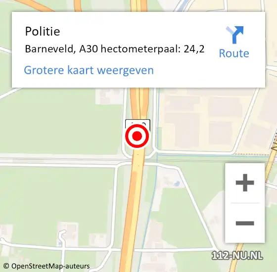 Locatie op kaart van de 112 melding: Politie Barneveld, A30 hectometerpaal: 24,2 op 7 juni 2022 12:22