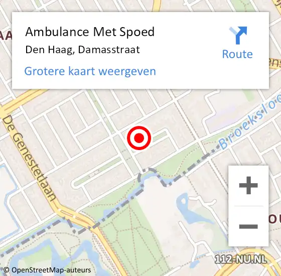 Locatie op kaart van de 112 melding: Ambulance Met Spoed Naar Den Haag, Damasstraat op 7 juni 2022 13:23