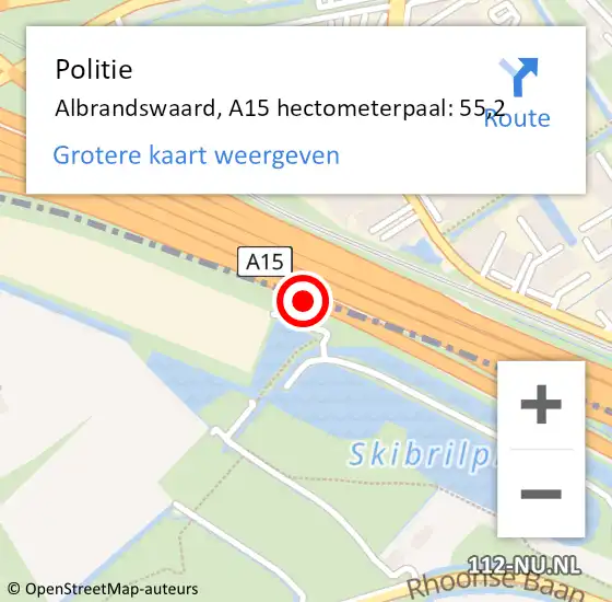 Locatie op kaart van de 112 melding: Politie Albrandswaard, A15 hectometerpaal: 55,2 op 7 juni 2022 14:06