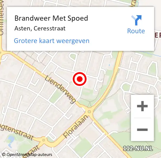 Locatie op kaart van de 112 melding: Brandweer Met Spoed Naar Asten, Ceresstraat op 7 juni 2022 19:24