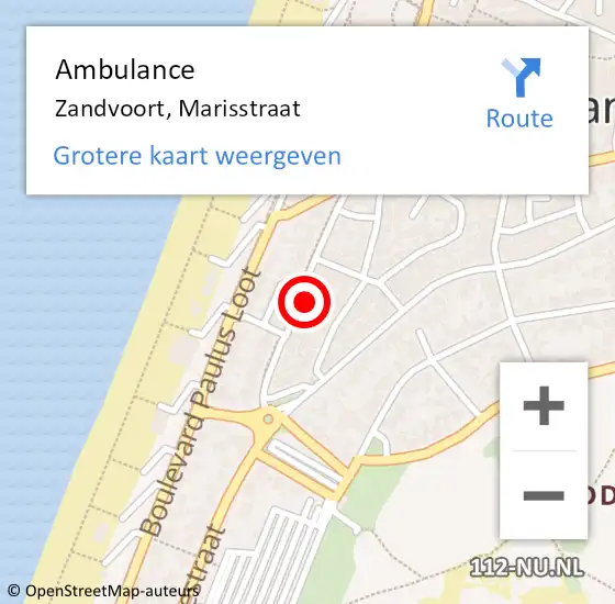 Locatie op kaart van de 112 melding: Ambulance Zandvoort, Marisstraat op 7 juni 2022 19:31