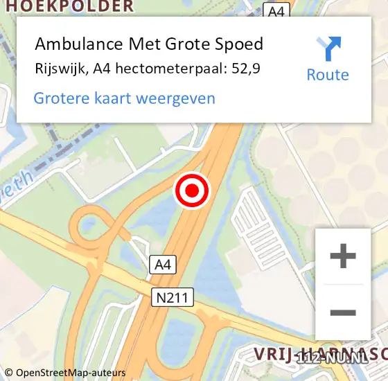 Locatie op kaart van de 112 melding: Ambulance Met Grote Spoed Naar Rijswijk, A4 hectometerpaal: 52,9 op 7 juni 2022 19:40