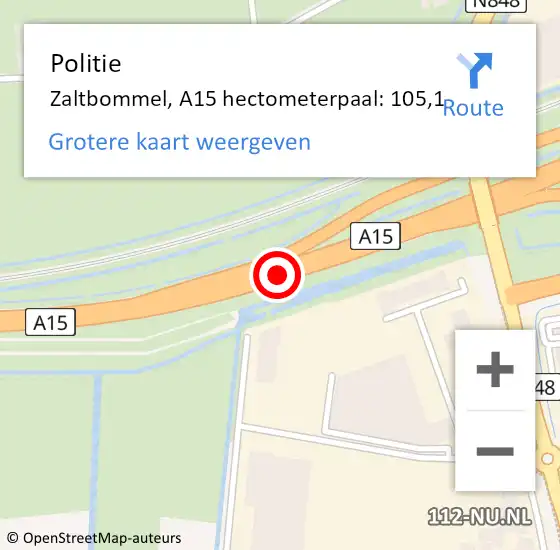 Locatie op kaart van de 112 melding: Politie Zaltbommel, A15 hectometerpaal: 105,1 op 7 juni 2022 22:42