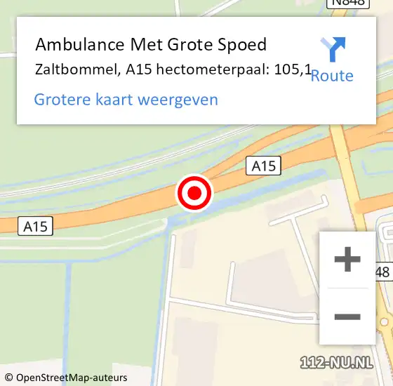 Locatie op kaart van de 112 melding: Ambulance Met Grote Spoed Naar Zaltbommel, A15 hectometerpaal: 105,1 op 7 juni 2022 22:44