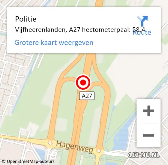 Locatie op kaart van de 112 melding: Politie Vijfheerenlanden, A27 hectometerpaal: 58,4 op 7 juni 2022 23:23