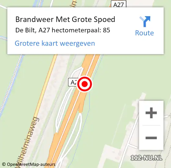 Locatie op kaart van de 112 melding: Brandweer Met Grote Spoed Naar De Bilt, A27 hectometerpaal: 85 op 8 juni 2022 02:13