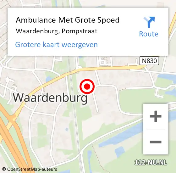 Locatie op kaart van de 112 melding: Ambulance Met Grote Spoed Naar Waardenburg, Pompstraat op 8 juni 2022 03:10