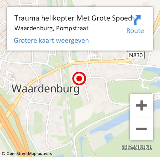 Locatie op kaart van de 112 melding: Trauma helikopter Met Grote Spoed Naar Waardenburg, Pompstraat op 8 juni 2022 03:12