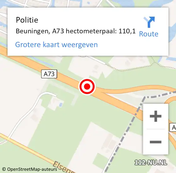 Locatie op kaart van de 112 melding: Politie Beuningen, A73 hectometerpaal: 110,1 op 8 juni 2022 06:19