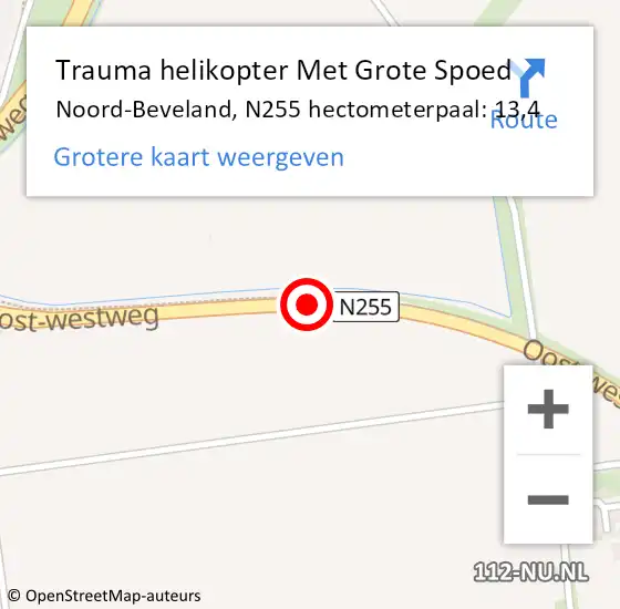 Locatie op kaart van de 112 melding: Trauma helikopter Met Grote Spoed Naar Noord-Beveland, N255 hectometerpaal: 13,4 op 8 juni 2022 07:08