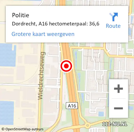 Locatie op kaart van de 112 melding: Politie Dordrecht, A16 hectometerpaal: 36,6 op 8 juni 2022 09:23