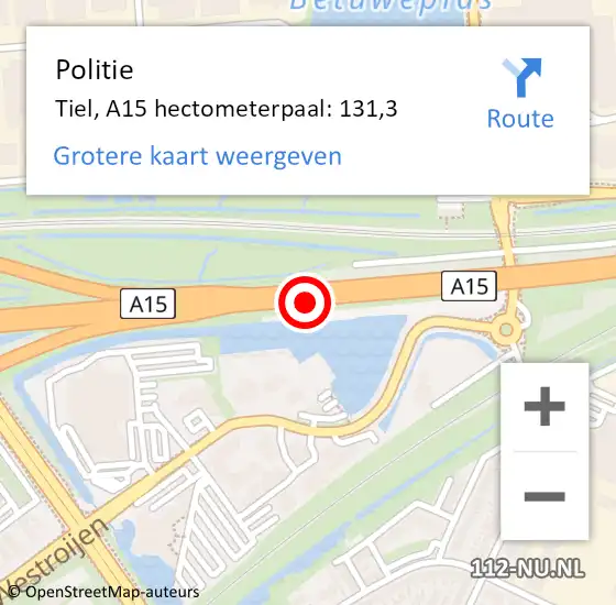 Locatie op kaart van de 112 melding: Politie Tiel, A15 hectometerpaal: 131,3 op 8 juni 2022 14:06