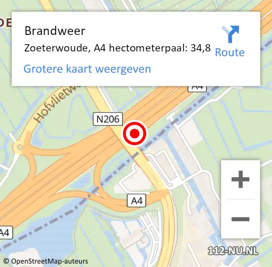 Locatie op kaart van de 112 melding: Brandweer Zoeterwoude, A4 hectometerpaal: 34,8 op 8 juni 2022 14:29