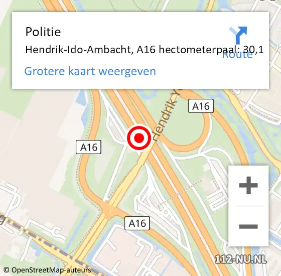 Locatie op kaart van de 112 melding: Politie Hendrik-Ido-Ambacht, A16 hectometerpaal: 30,1 op 8 juni 2022 16:54