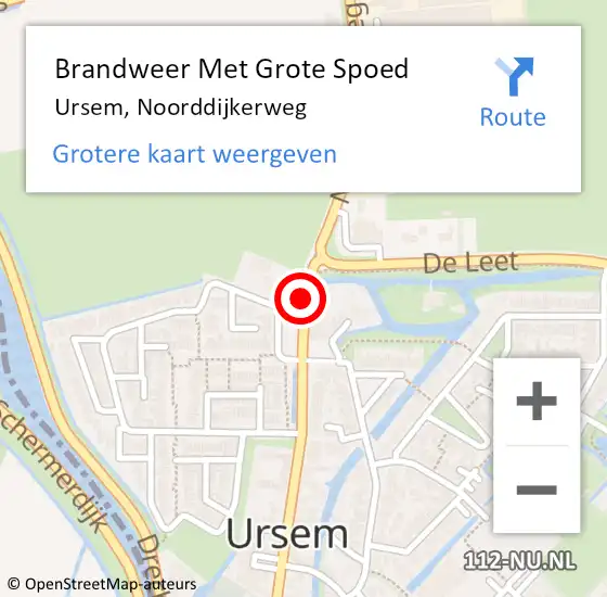 Locatie op kaart van de 112 melding: Brandweer Met Grote Spoed Naar Ursem, Noorddijkerweg op 8 juni 2022 21:14