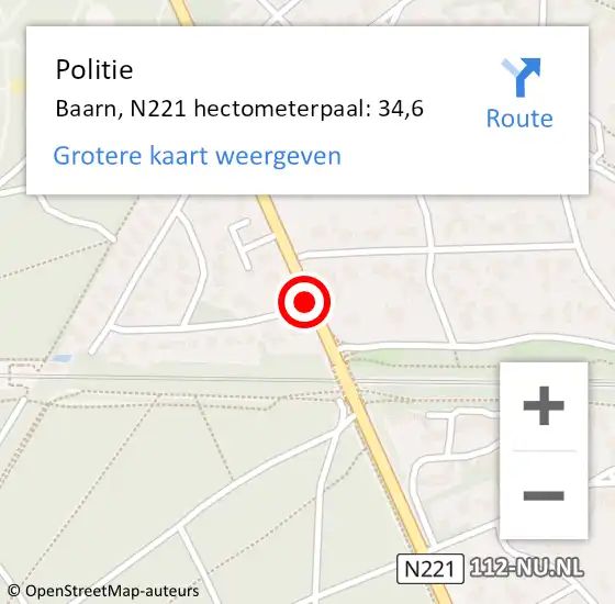 Locatie op kaart van de 112 melding: Politie Baarn, N221 hectometerpaal: 34,6 op 8 juni 2022 21:25