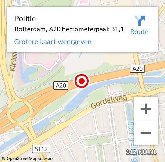 Locatie op kaart van de 112 melding: Politie Rotterdam, A20 hectometerpaal: 31,1 op 8 juni 2022 22:33