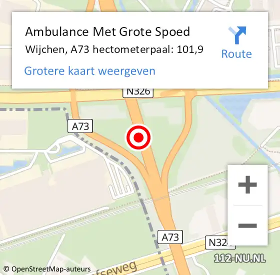 Locatie op kaart van de 112 melding: Ambulance Met Grote Spoed Naar Wijchen, A73 hectometerpaal: 101,9 op 9 juni 2022 00:08