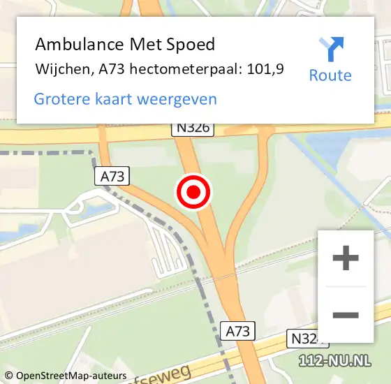 Locatie op kaart van de 112 melding: Ambulance Met Spoed Naar Wijchen, A73 hectometerpaal: 101,9 op 9 juni 2022 00:11
