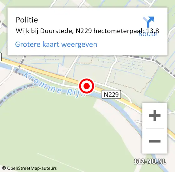 Locatie op kaart van de 112 melding: Politie Wijk bij Duurstede, N229 hectometerpaal: 13,8 op 9 juni 2022 01:05