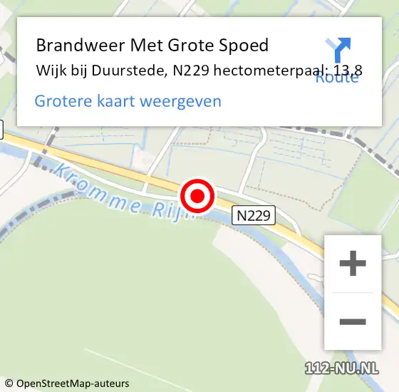 Locatie op kaart van de 112 melding: Brandweer Met Grote Spoed Naar Wijk bij Duurstede, N229 hectometerpaal: 13,8 op 9 juni 2022 01:06