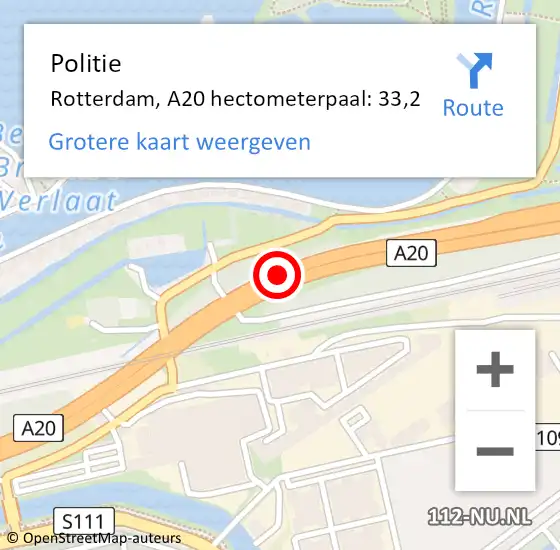 Locatie op kaart van de 112 melding: Politie Rotterdam, A20 hectometerpaal: 33,2 op 9 juni 2022 05:25
