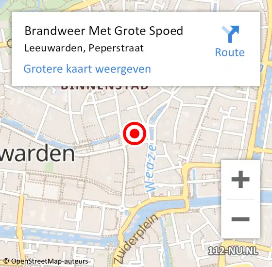 Locatie op kaart van de 112 melding: Brandweer Met Grote Spoed Naar Leeuwarden, Peperstraat op 9 juni 2022 05:44