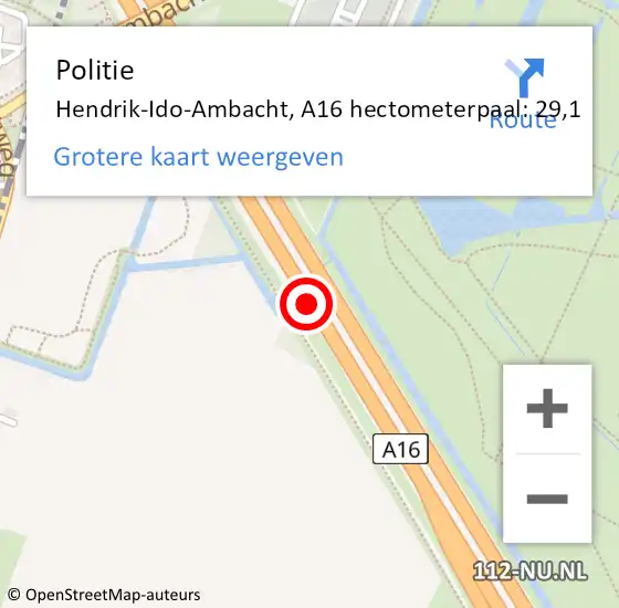 Locatie op kaart van de 112 melding: Politie Ridderkerk, A16 hectometerpaal: 29,1 op 9 juni 2022 06:57