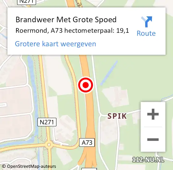 Locatie op kaart van de 112 melding: Brandweer Met Grote Spoed Naar Roermond, A73 hectometerpaal: 19,1 op 9 juni 2022 07:49