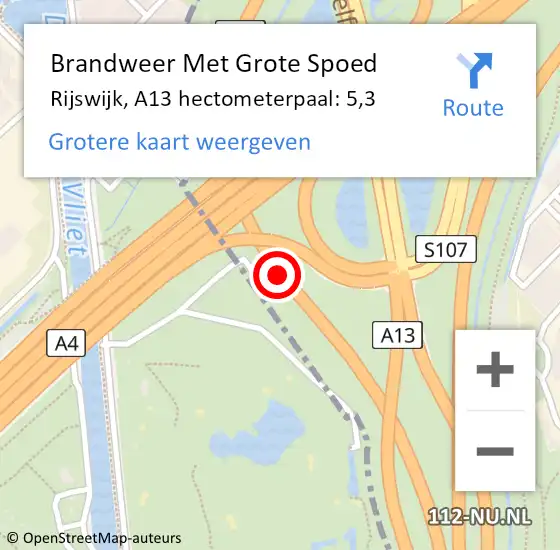 Locatie op kaart van de 112 melding: Brandweer Met Grote Spoed Naar Den Haag, A13 hectometerpaal: 5,3 op 9 juni 2022 08:31