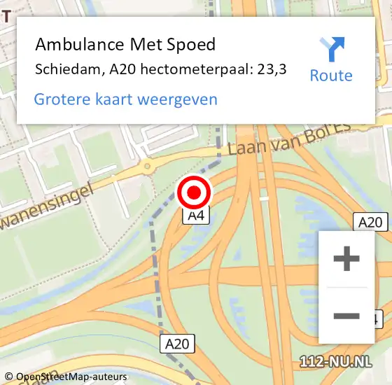 Locatie op kaart van de 112 melding: Ambulance Met Spoed Naar Schiedam, A20 hectometerpaal: 23,3 op 9 juni 2022 09:01