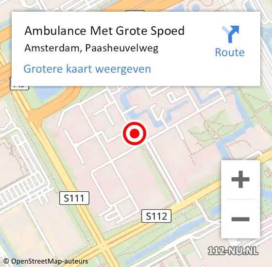 Locatie op kaart van de 112 melding: Ambulance Met Grote Spoed Naar Amsterdam-Zuidoost, Paasheuvelweg op 9 juni 2022 10:27