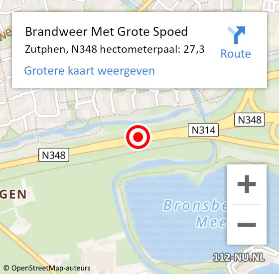 Locatie op kaart van de 112 melding: Brandweer Met Grote Spoed Naar Zutphen, N348 hectometerpaal: 27,3 op 9 juni 2022 12:25