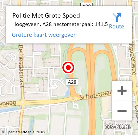 Locatie op kaart van de 112 melding: Politie Met Grote Spoed Naar Hoogeveen, A28 hectometerpaal: 141,5 op 9 juni 2022 16:10
