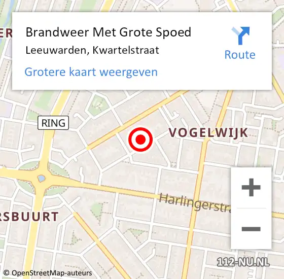 Locatie op kaart van de 112 melding: Brandweer Met Grote Spoed Naar Leeuwarden, Kwartelstraat op 9 juni 2022 16:18