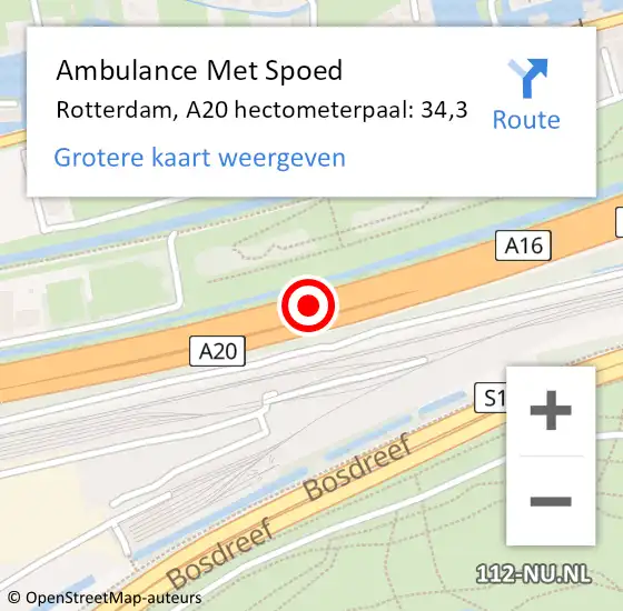 Locatie op kaart van de 112 melding: Ambulance Met Spoed Naar Rotterdam, A20 hectometerpaal: 34,3 op 9 juni 2022 16:29