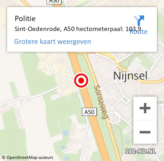 Locatie op kaart van de 112 melding: Politie Sint-Oedenrode, A50 hectometerpaal: 103,9 op 9 juni 2022 16:34