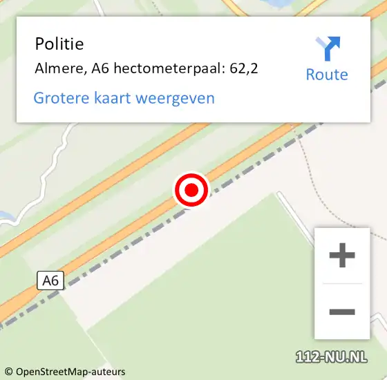 Locatie op kaart van de 112 melding: Politie Almere, A6 hectometerpaal: 62,2 op 9 juni 2022 16:35