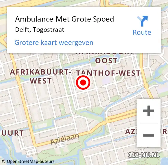 Locatie op kaart van de 112 melding: Ambulance Met Grote Spoed Naar Delft, Togostraat op 9 juni 2022 16:45