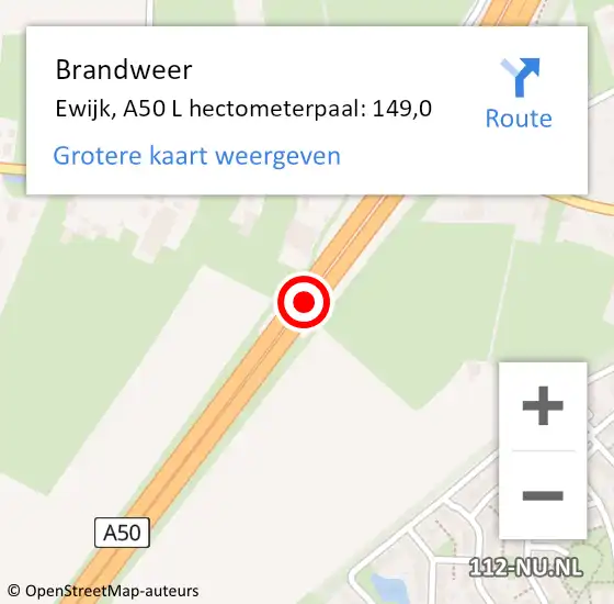 Locatie op kaart van de 112 melding: Brandweer Ewijk, A50 L hectometerpaal: 152,0 op 19 juli 2014 17:22