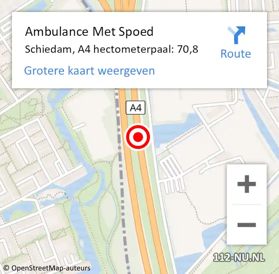 Locatie op kaart van de 112 melding: Ambulance Met Spoed Naar Schiedam, A4 hectometerpaal: 70,8 op 9 juni 2022 17:29