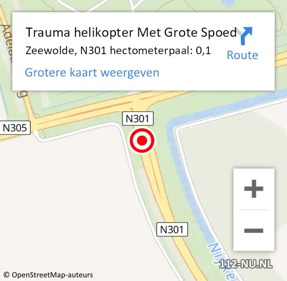 Locatie op kaart van de 112 melding: Trauma helikopter Met Grote Spoed Naar Zeewolde, N301 hectometerpaal: 0,1 op 9 juni 2022 20:09