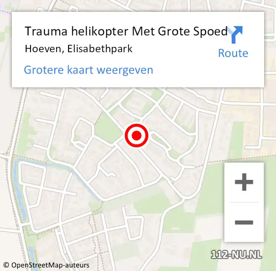Locatie op kaart van de 112 melding: Trauma helikopter Met Grote Spoed Naar Hoeven, Elisabethpark op 9 juni 2022 20:32