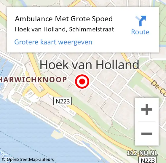 Locatie op kaart van de 112 melding: Ambulance Met Grote Spoed Naar Hoek van Holland, Schimmelstraat op 9 juni 2022 21:54