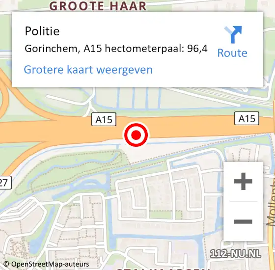 Locatie op kaart van de 112 melding: Politie Gorinchem, A15 hectometerpaal: 96,4 op 9 juni 2022 22:24