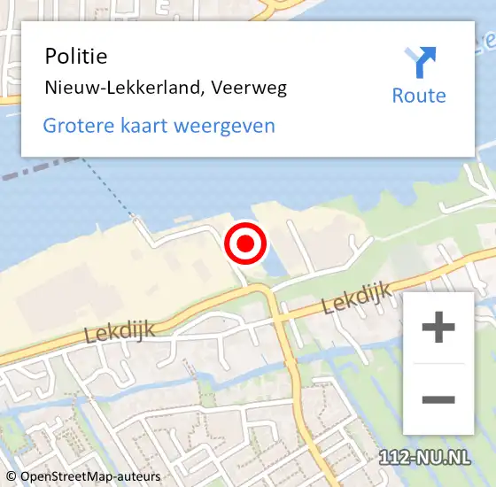 Locatie op kaart van de 112 melding: Politie Nieuw-Lekkerland, Veerweg op 9 juni 2022 22:57