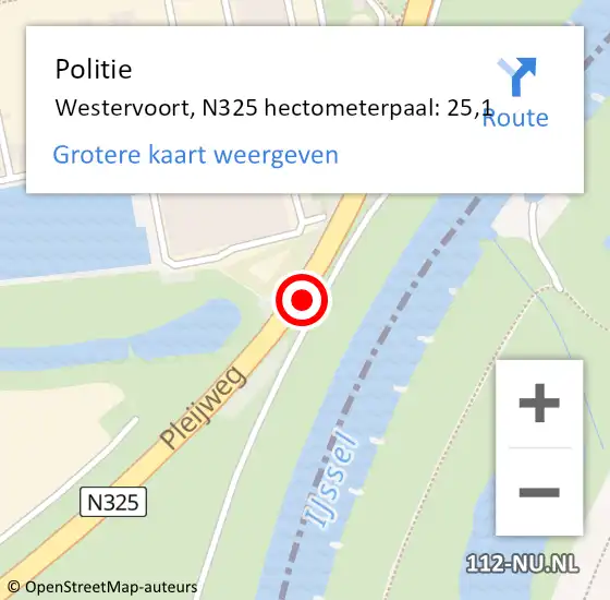 Locatie op kaart van de 112 melding: Politie Westervoort, N325 hectometerpaal: 25,1 op 9 juni 2022 23:28