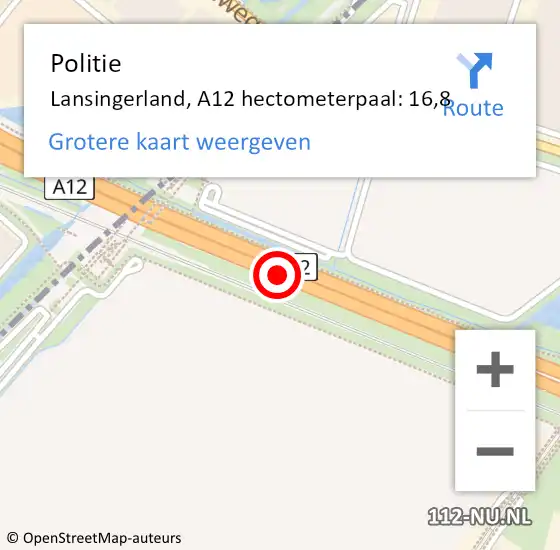 Locatie op kaart van de 112 melding: Politie Lansingerland, A12 hectometerpaal: 16,8 op 10 juni 2022 00:38